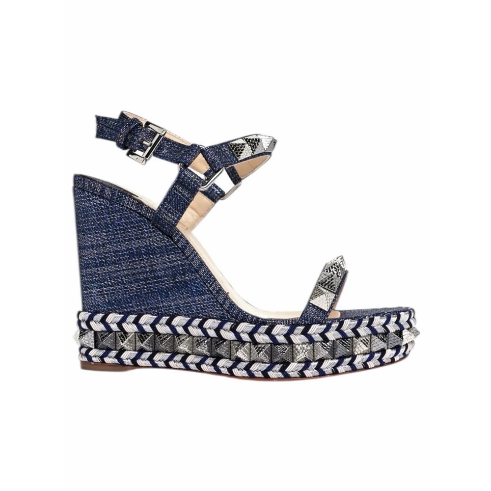 Christian Louboutin Lame Lux Pyraclou 110 Denim Wedge Sandal Blue Size 41 - Picture 3 of 14